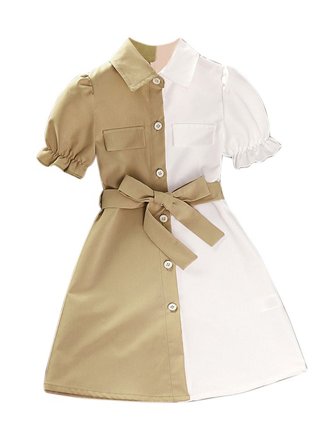 

StyleCast Girls Khaki Colourblocked Puff Sleeve Shirt Style Midi Dress