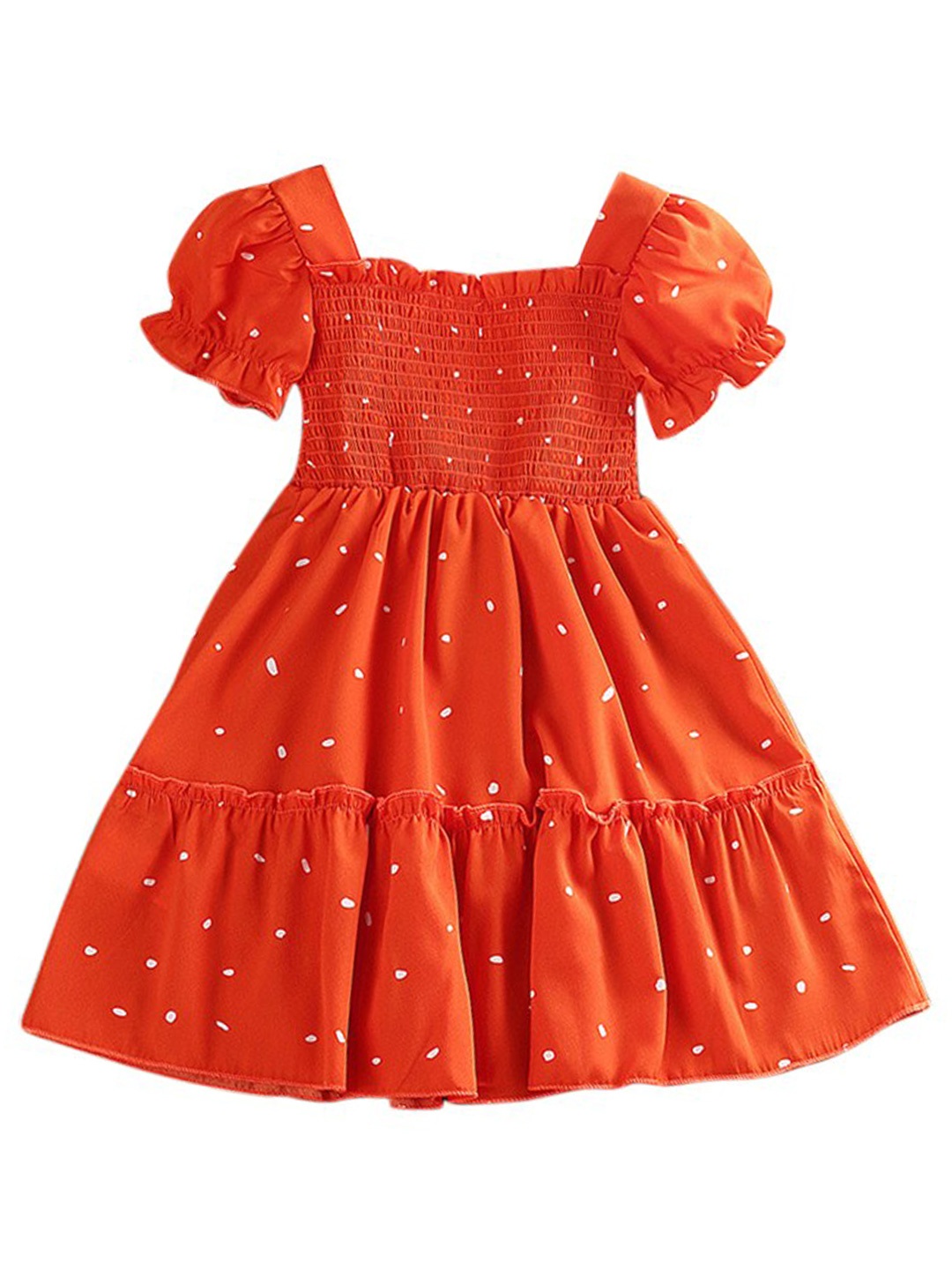 

StyleCast Girls Orange Polka Dot Printed Smocked Tiered Fit and Flare Midi Dress