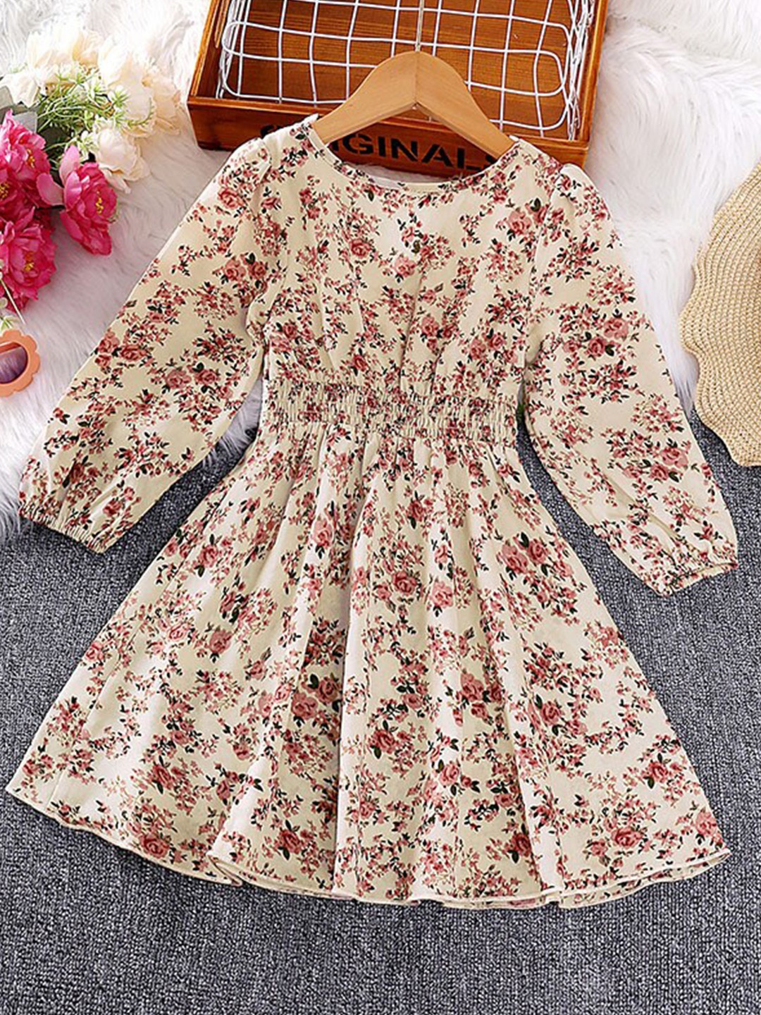 

StyleCast Girls Cream-Coloured Floral Printed Lace Inserts Fit & Flare Dress