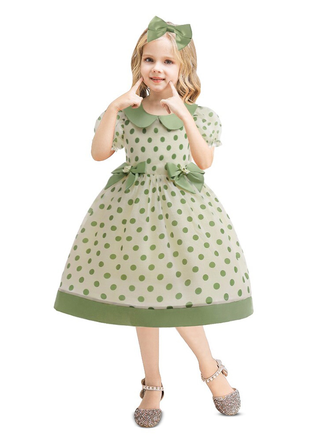 

StyleCast Girls Green Polka Dot Print Puff Sleeve A-Line Dress