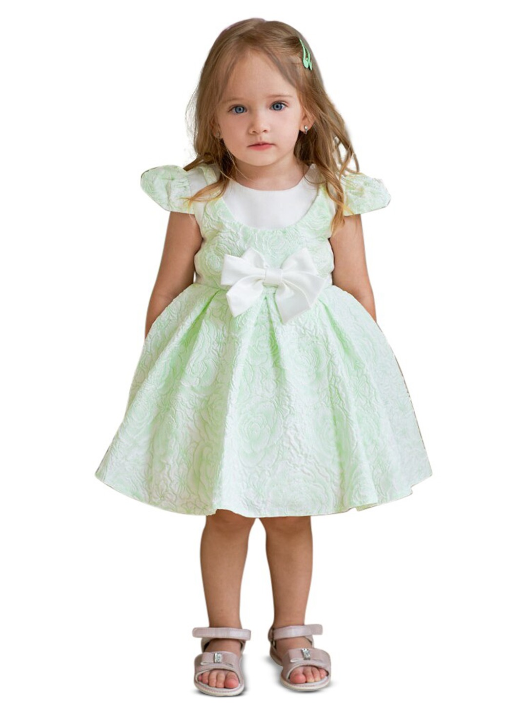 

StyleCast Green Girls Self Design Cap Sleeves Bow Detail Fit & Flare Dress
