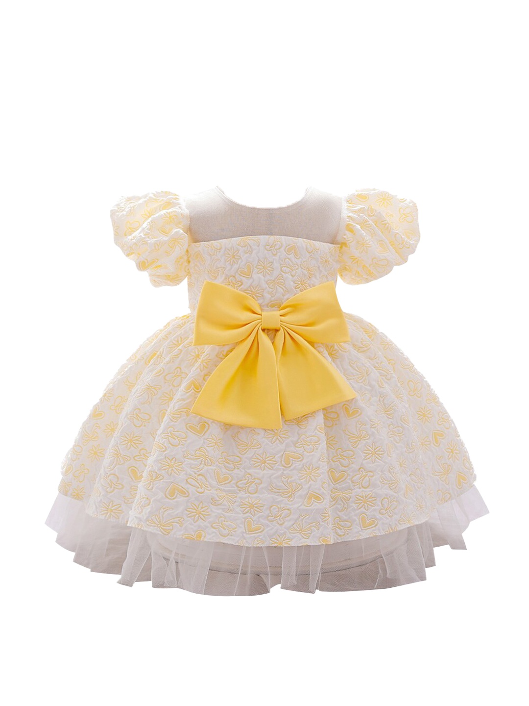 

StyleCast Girls Yellow Self Designed Round Neck Bow Detailed Balloon Dress, Cream