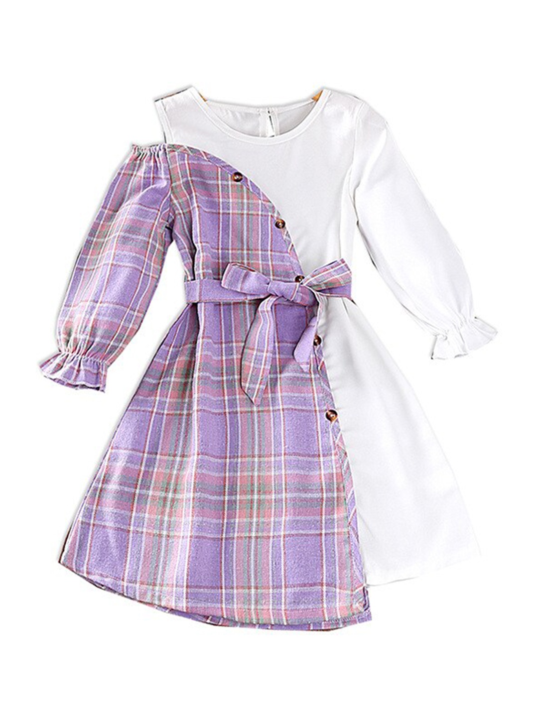 StyleCast Purple Girls Checked Bell Sleeves Tie Up A-Line Dress With Belt