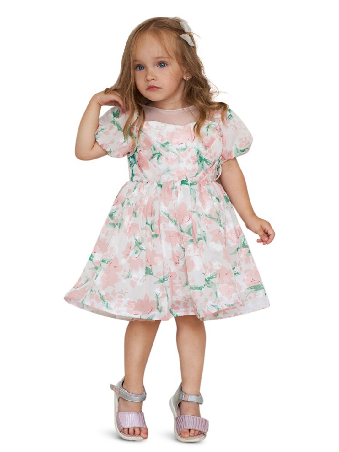 

StyleCast Girls Pink & Green Floral Print Puff Sleeves A-Line Dress