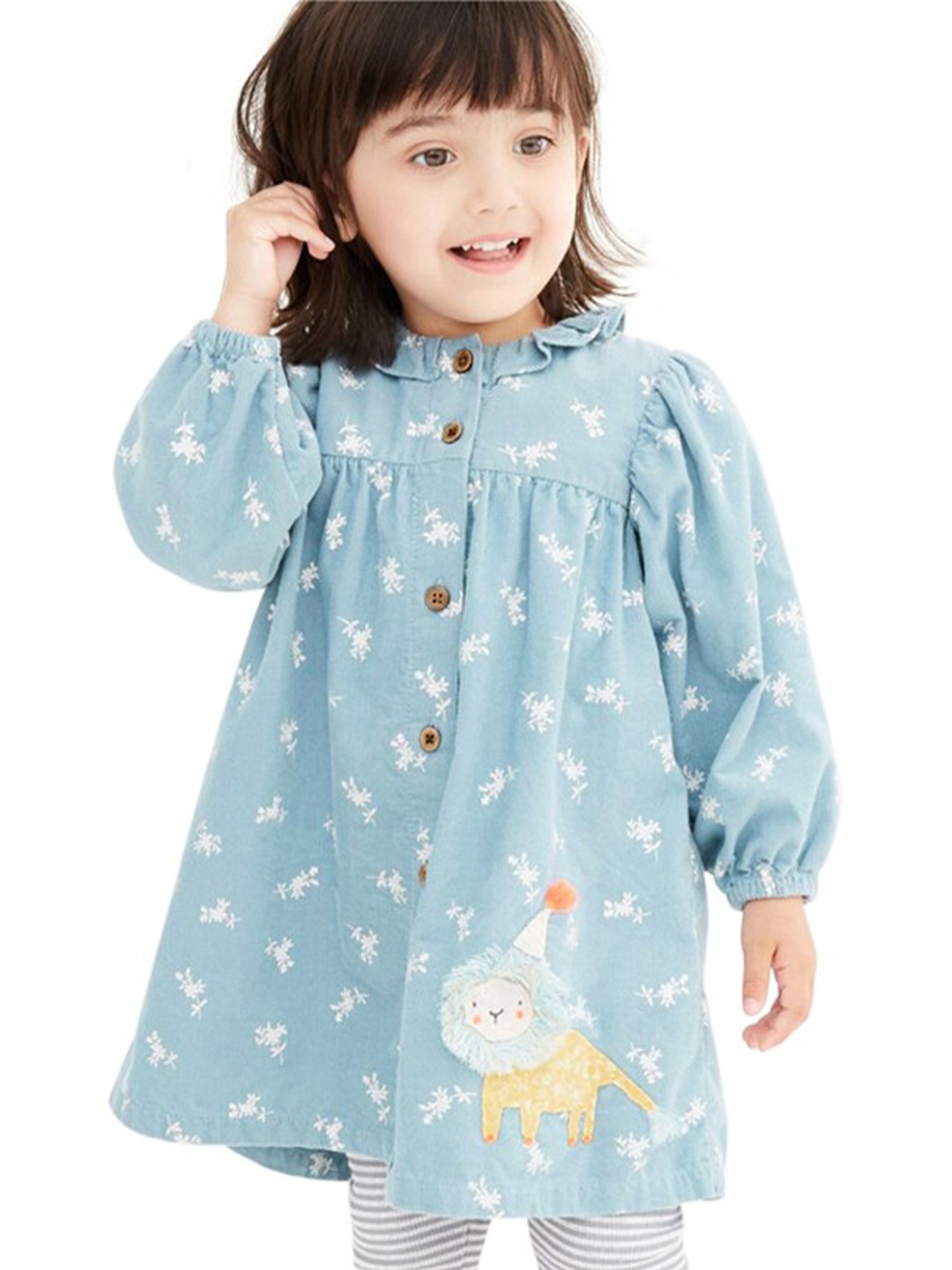 

StyleCast Blue Girls Conversational Printed Puff Sleeves Ruffles Cotton A-Line Dress
