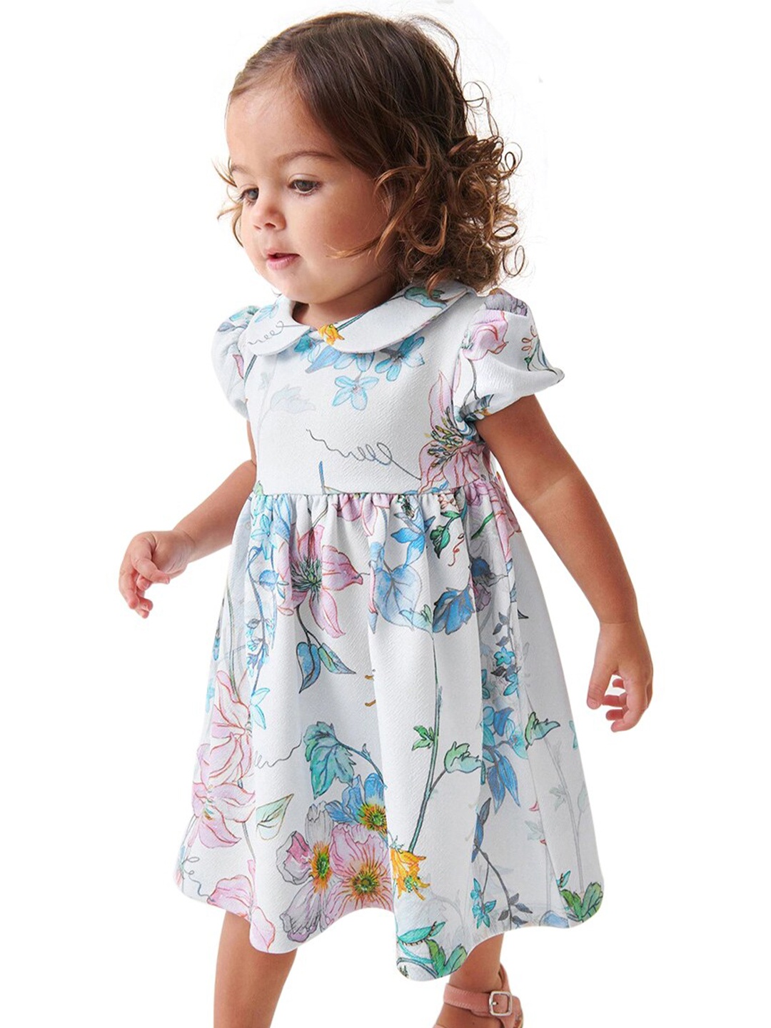

StyleCast Girls White Floral Printed Peter Pan Collar Cotton A-Line Dress