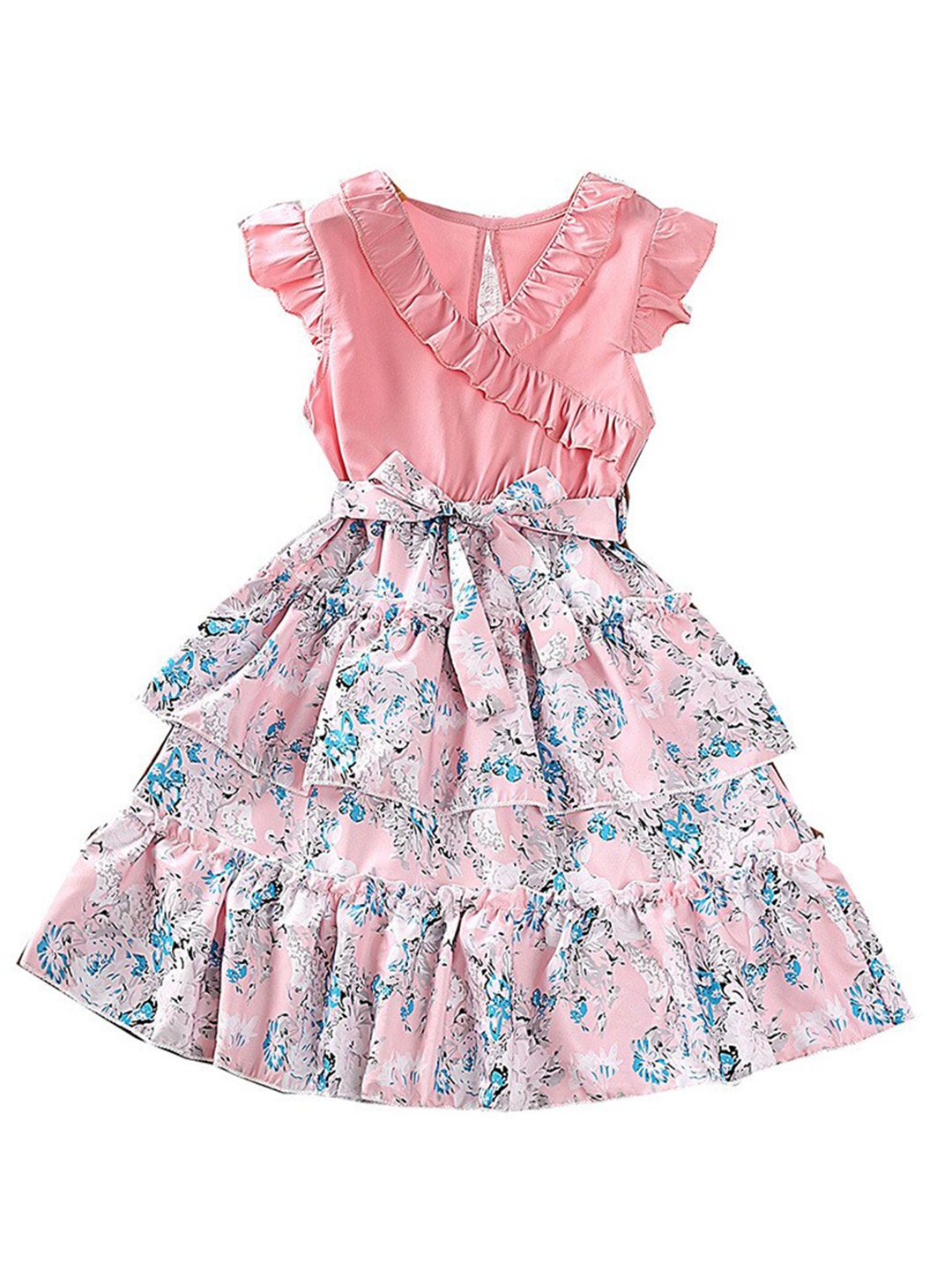 

StyleCast Pink Girls Floral Printed Ruffles & Tiered Detail Fit and Flare Midi Dress