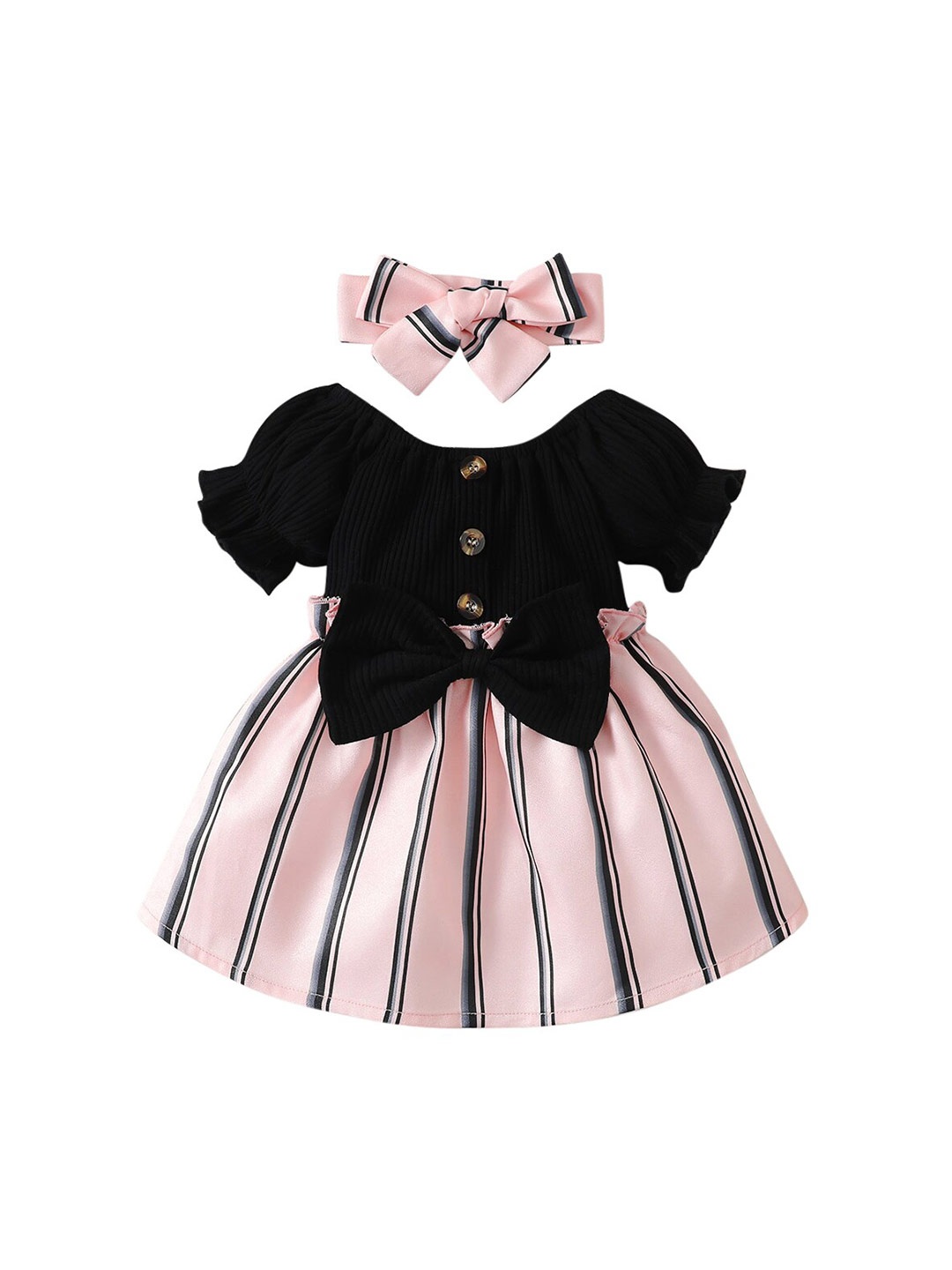 

StyleCast Black Girls Striped Puff Sleeves Bow Cotton Fit & Flare Mini Dress With Hairband