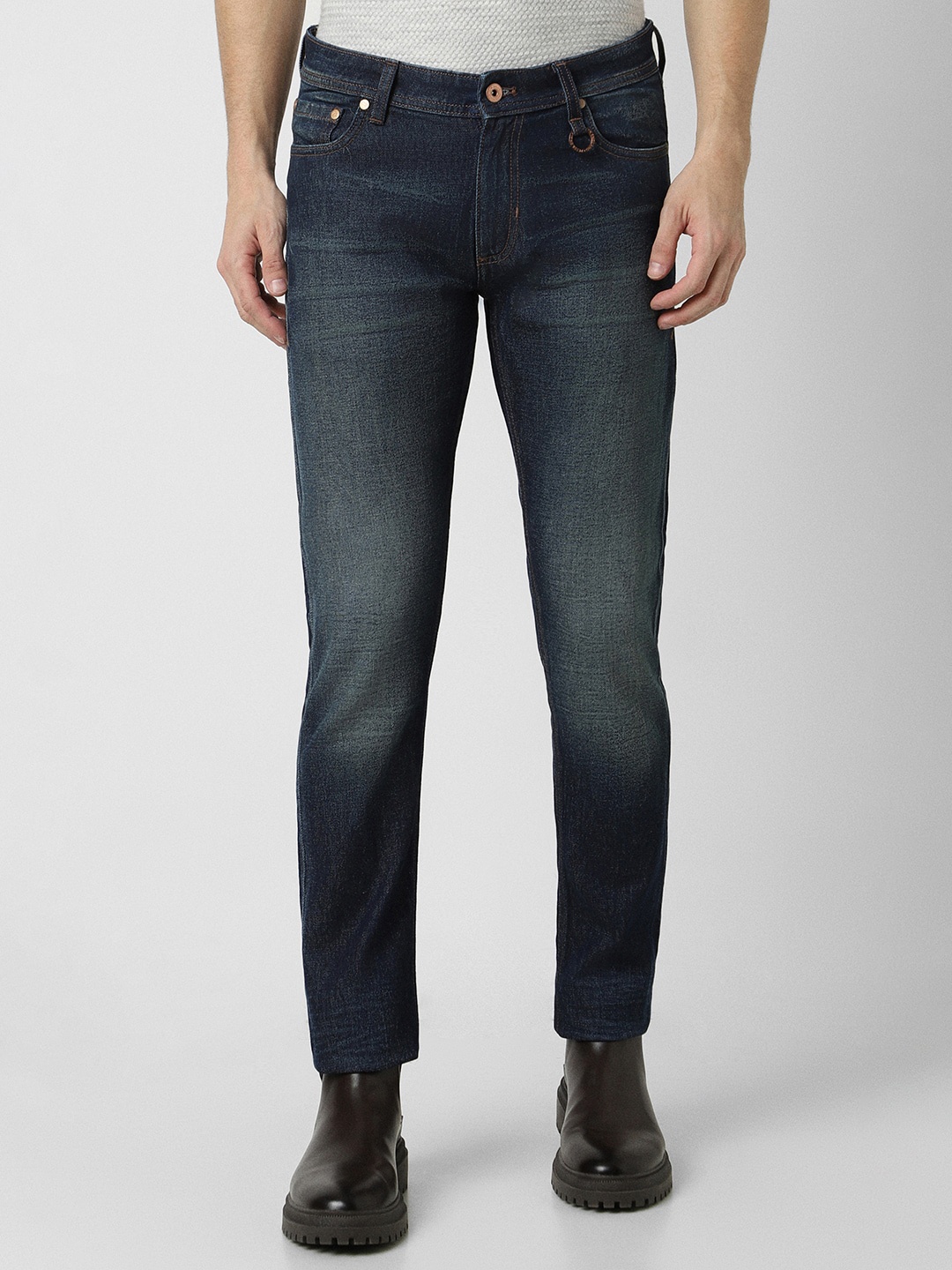 

Peter England Casuals Men Tapered Fit Heavy Fade Jeans, Navy blue