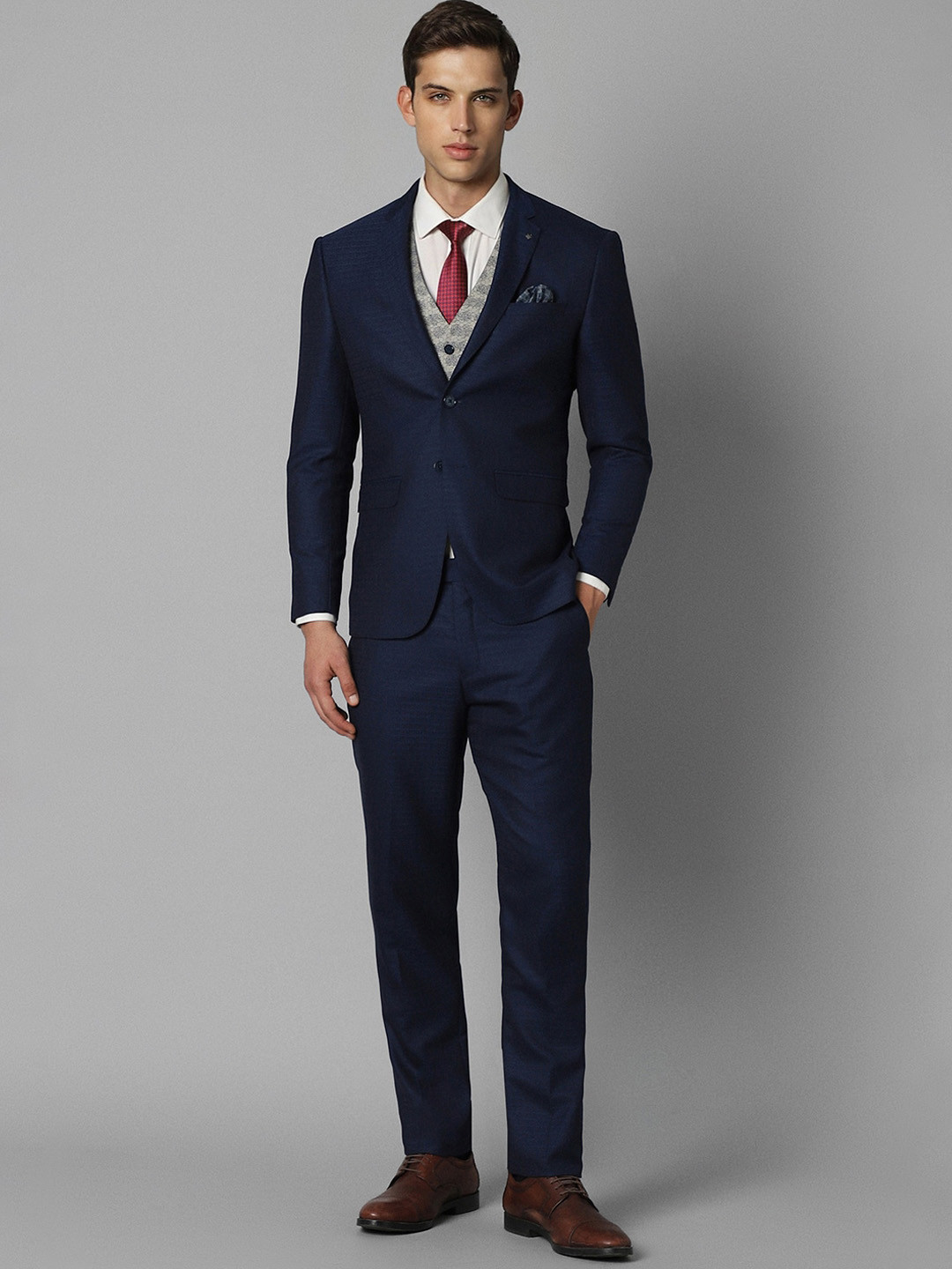

Louis Philippe Self Design Slim-Fit Single-Breasted 3-Piece Formal Suit, Navy blue