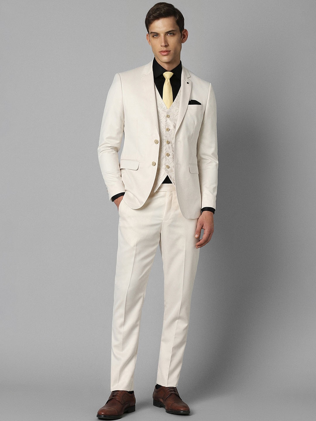 

Louis Philippe Slim-Fit Single-Breasted Three-Piece Suit, Cream