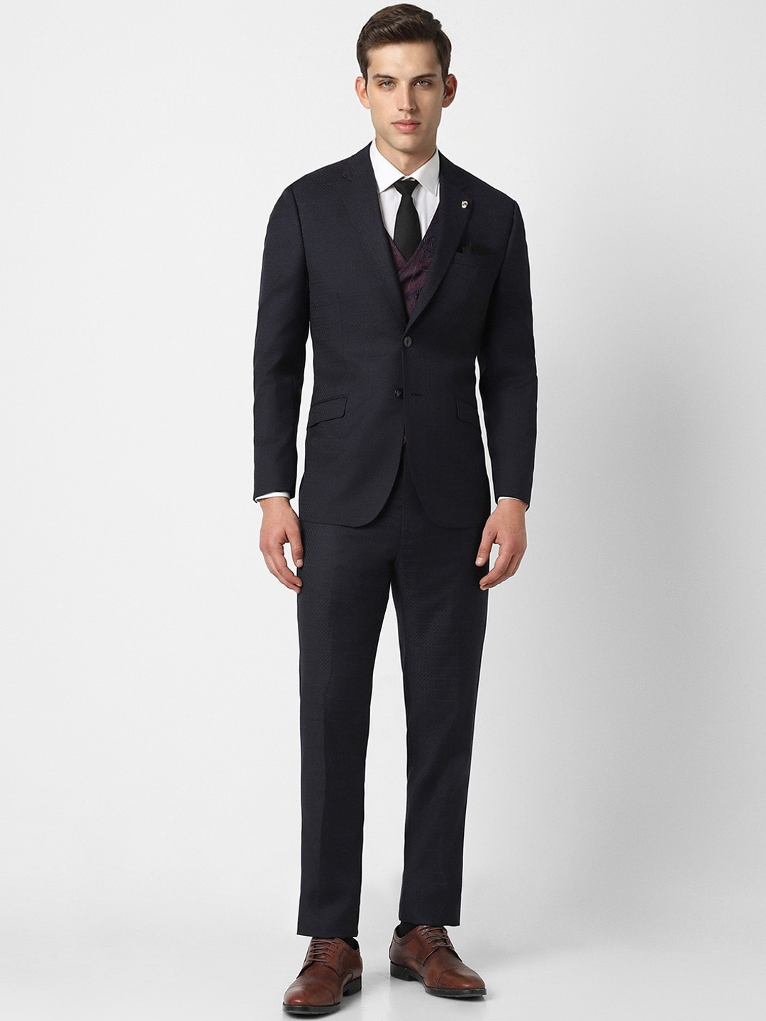 

Van Heusen Men Textured Slim Fit Single-Breasted Formal Four Piece Suit, Navy blue