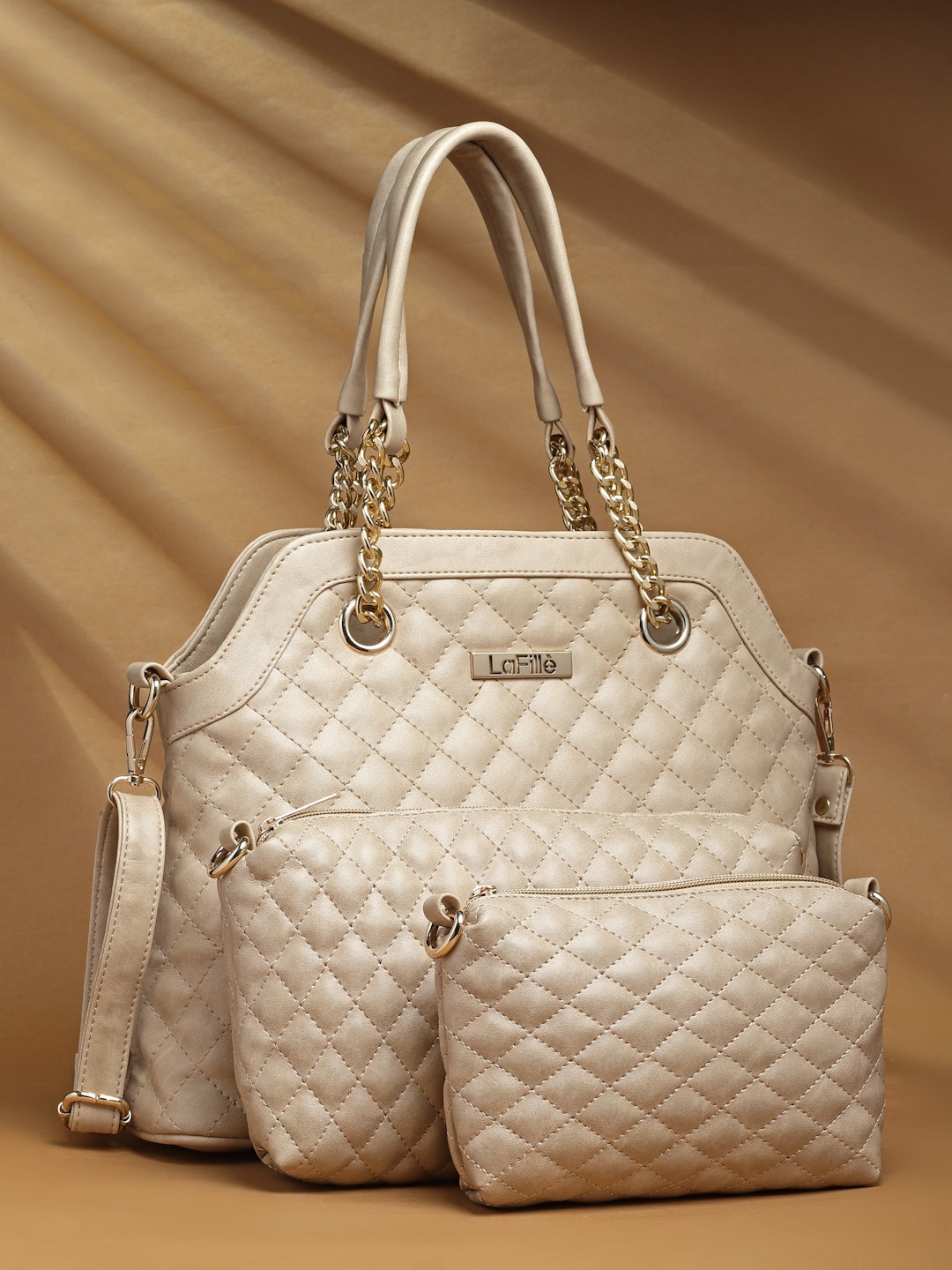 

LaFille Set of 3 Textured Structured Handheld Bag, Beige