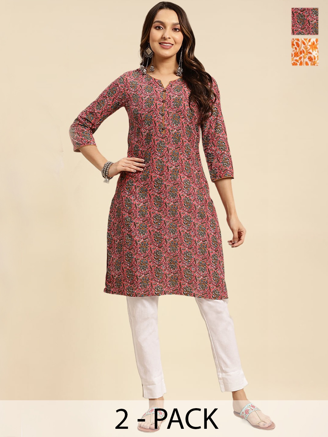

Rangita 2 Pieces Floral Printed Round Neck Knee Length Straight Kurtas, Orange