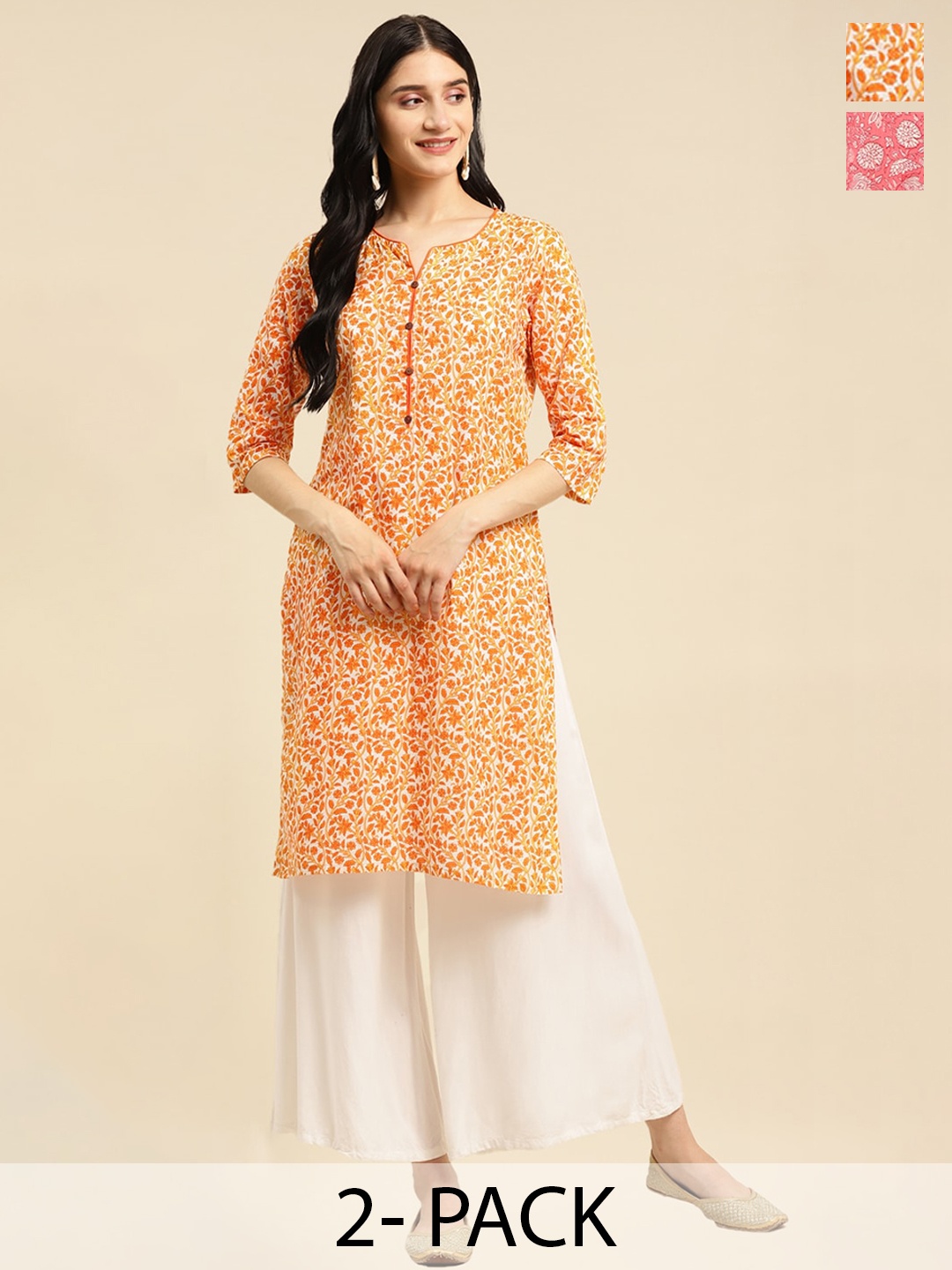 

Rangita Women Floral Printed Pure Cotton Knee Length Straight Kurtas, Yellow