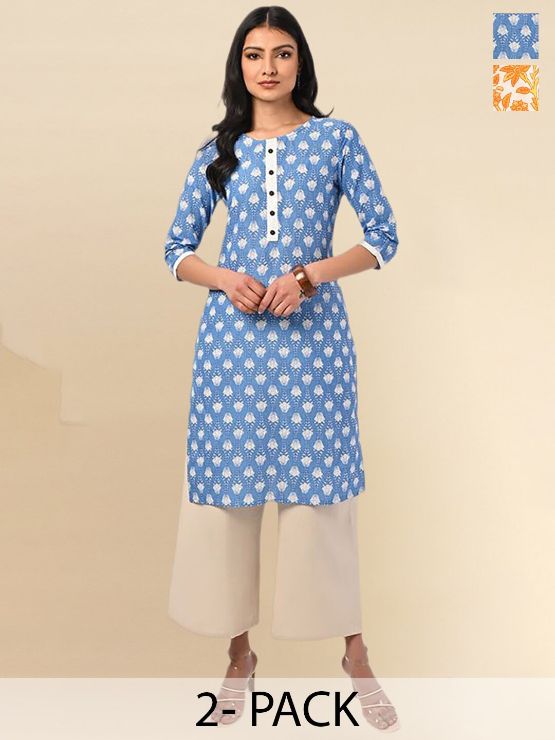 

Rangita Women Floral Printed Pure Cotton Knee Length Straight Kurtas, Blue