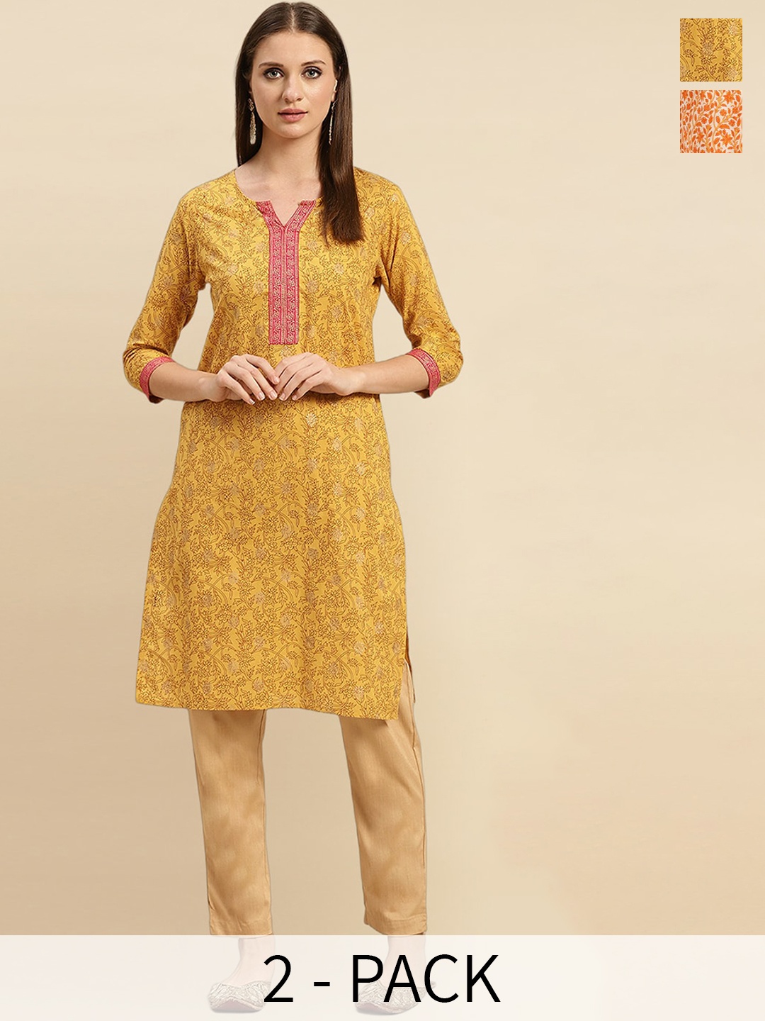 

Rangita 2 Pieces Floral Printed Notched Neck Knee Length Straight Kurtas, Orange