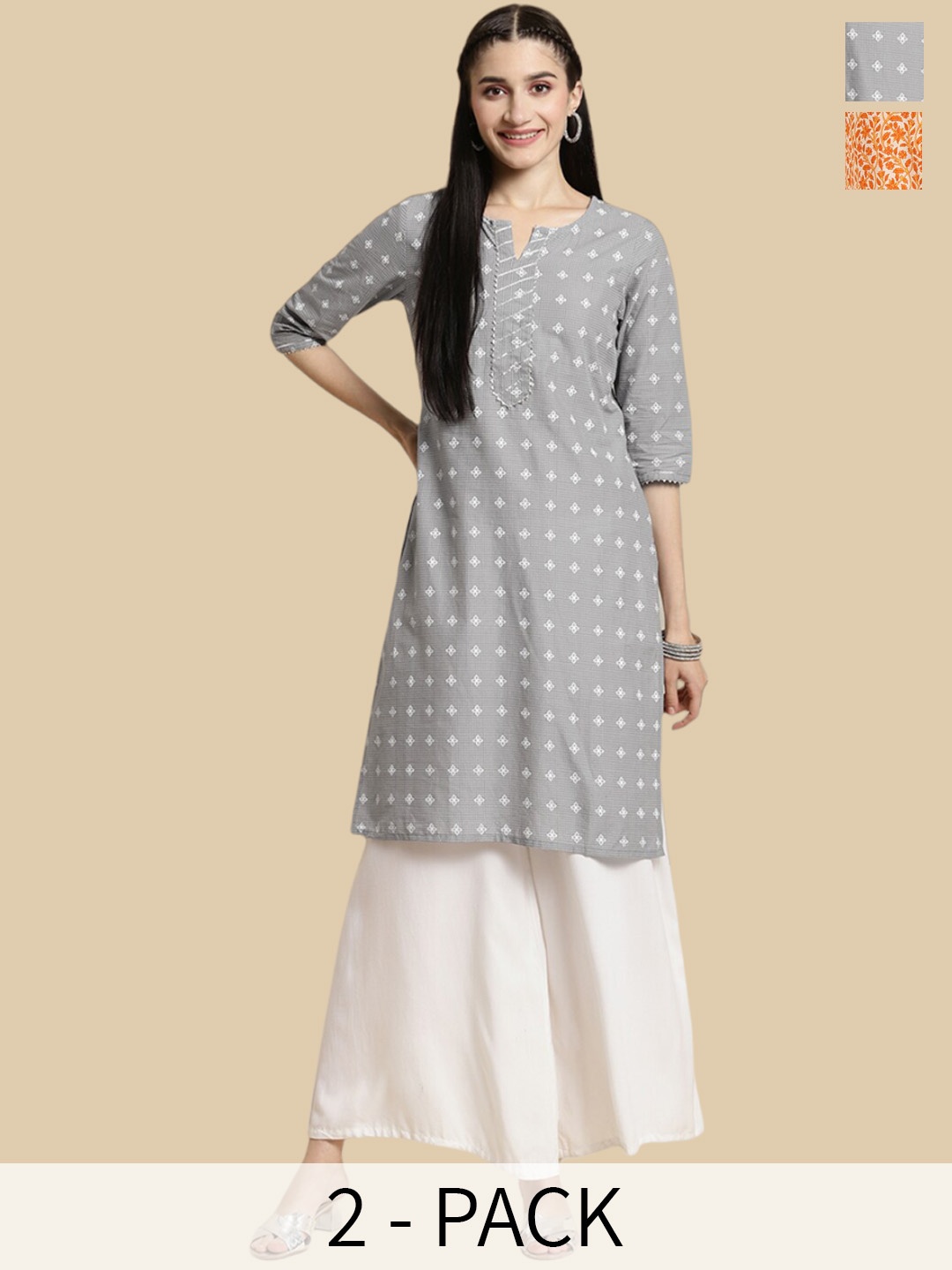 

Rangita 2 Pieces Floral Printed Notched Neck Knee Length Straight Kurtas, Orange