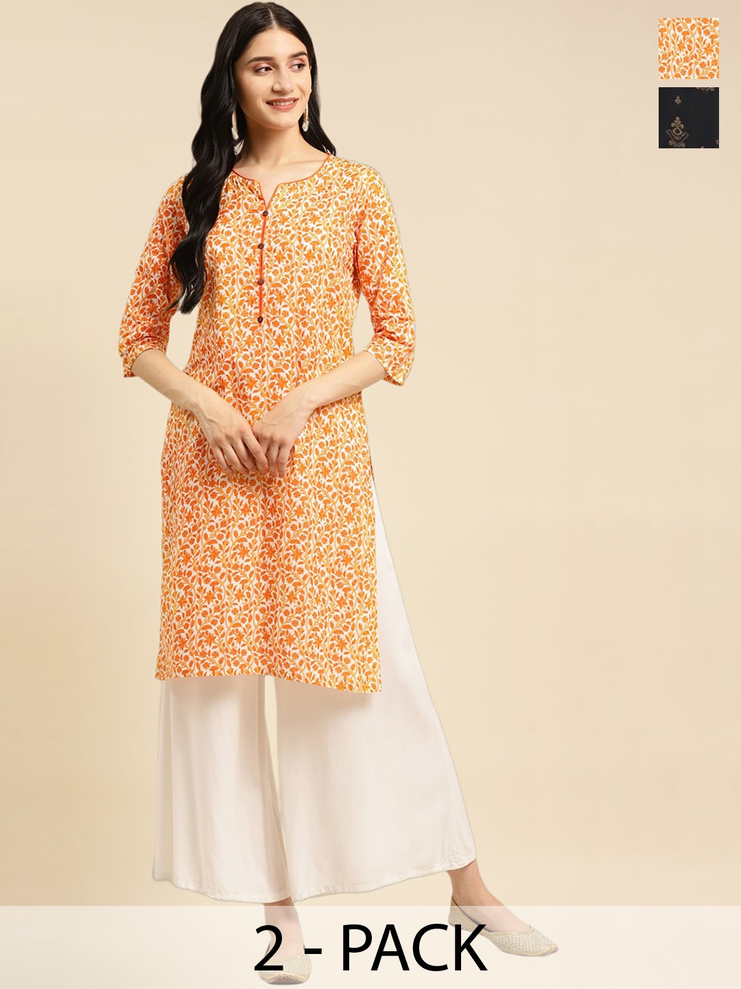 

Rangita 2 Pieces Ethnic Motifs Printed Notched Neck Knee Length Straight Kurtas, Orange