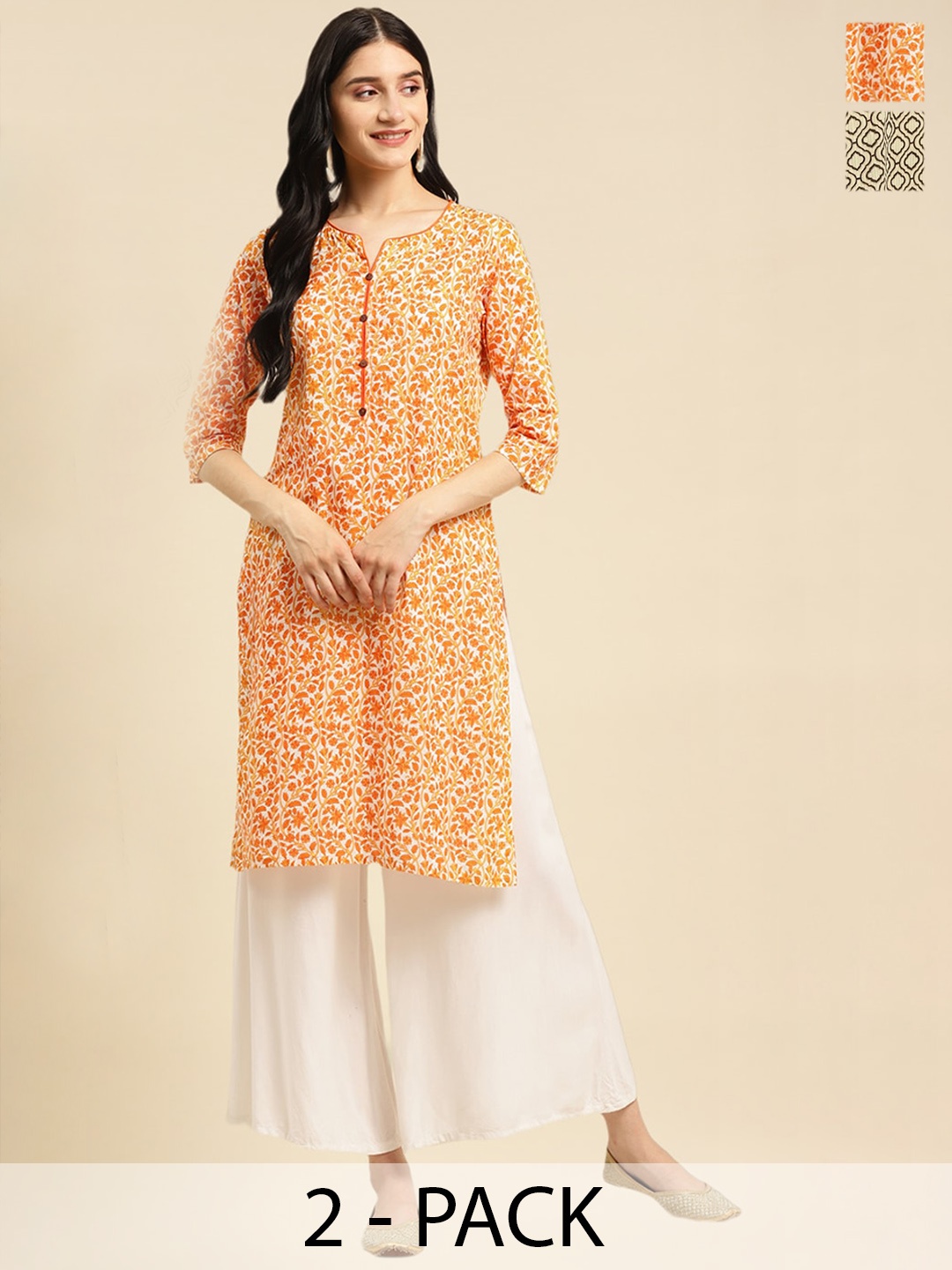 

Rangita 2 Pieces Floral Printed Notched Neck Knee Length Straight Kurtas, Orange