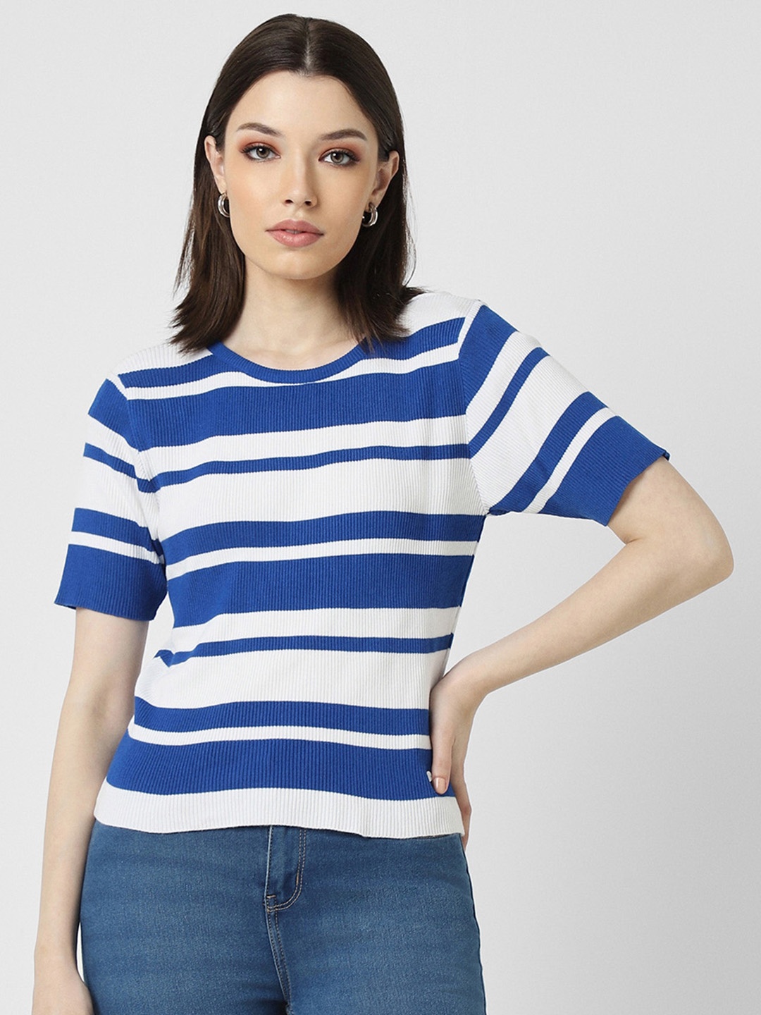 

Van Heusen Woman Striped Round Neck Casual T-shirt, Blue
