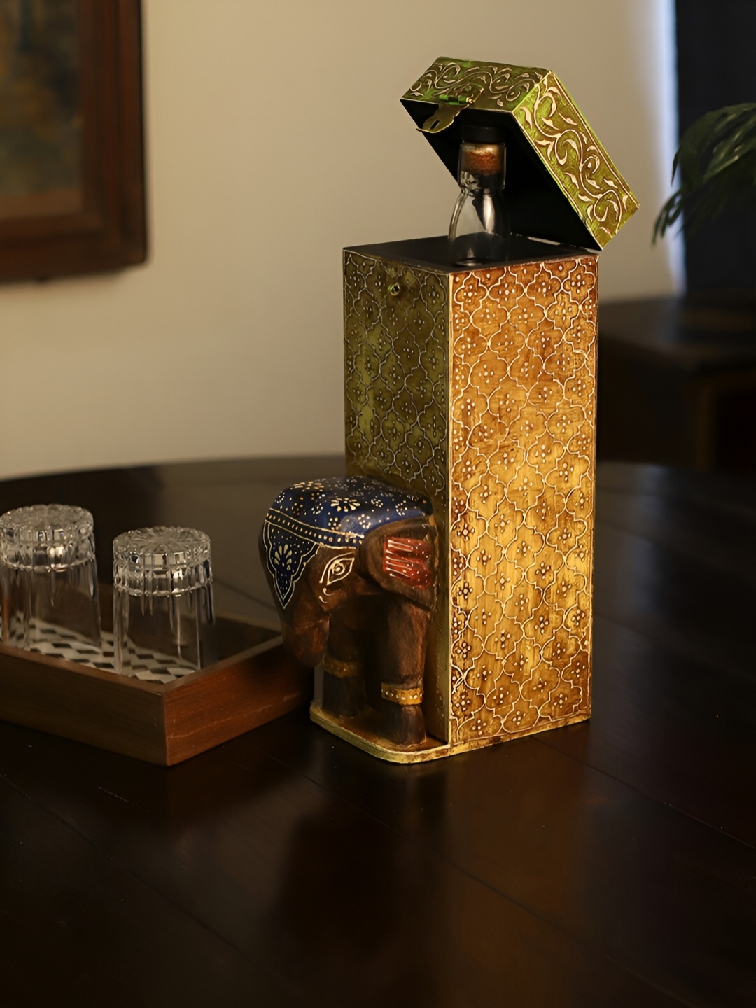 

THE COCOTIER Brown & Blue Elephant crafted Stable Base Wooden Wine Holder