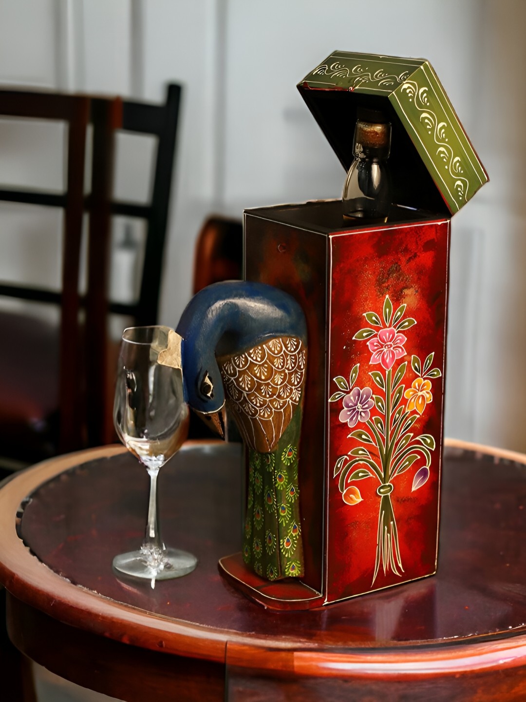 

THE COCOTIER Red & Blue Peacock Crafted Stable Base Wooden Wine Holder