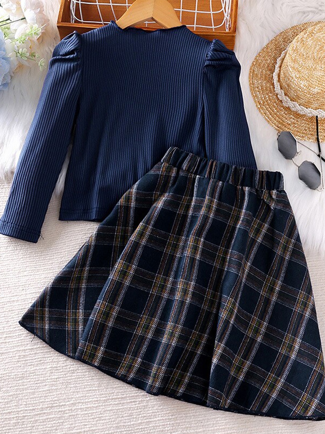 

StyleCast Girls Navy Blue & White Ribbed Round Neck Top with Skirt