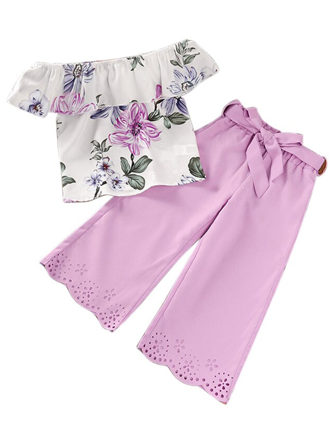 

StyleCast Girls Purple & White Floral Printed Off Shoulder Top with Palazzos
