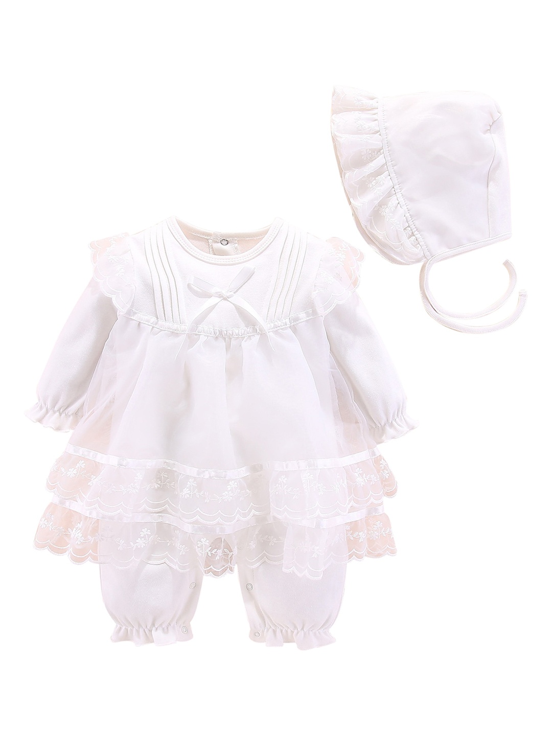 

StyleCast Infant Girls Self-Design Ruffles Cotton Rompers With Cap, White