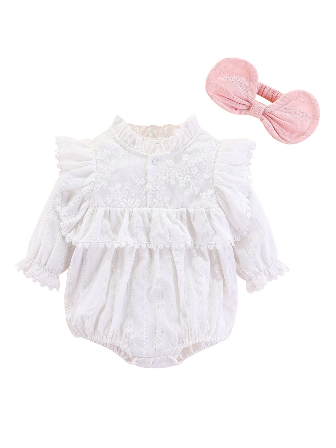 

StyleCast Infant Girls Self Design Ruffles Cotton Rompers With Headband, White