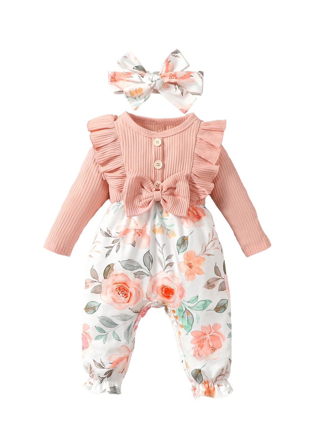 

StyleCast Infant Girls Peach-Coloured Printed Cotton Rompers, Pink