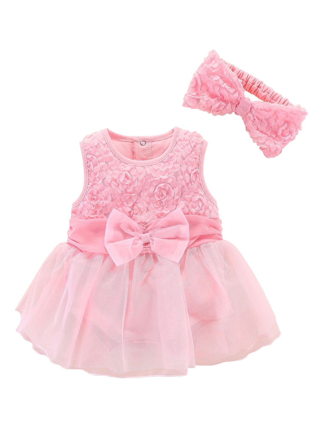 

StyleCast Infant Girls Self Design Cotton Rompers With Headband, Pink