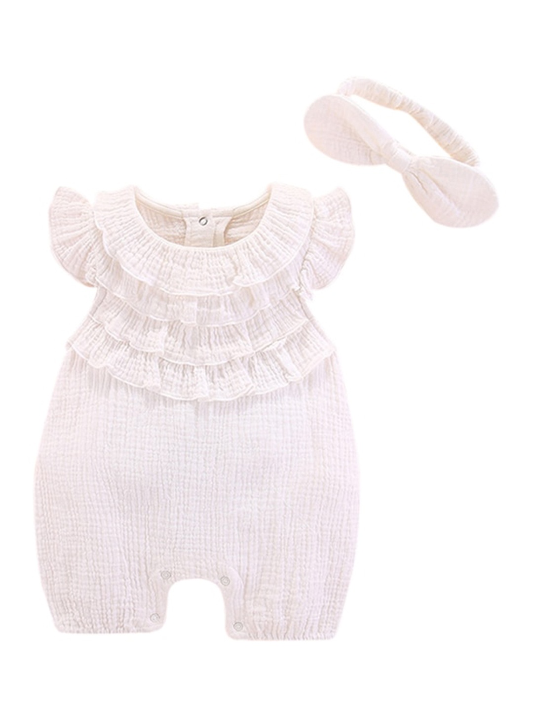 

StyleCast White Infant Girls Self Design Cotton Rompers With Hairband