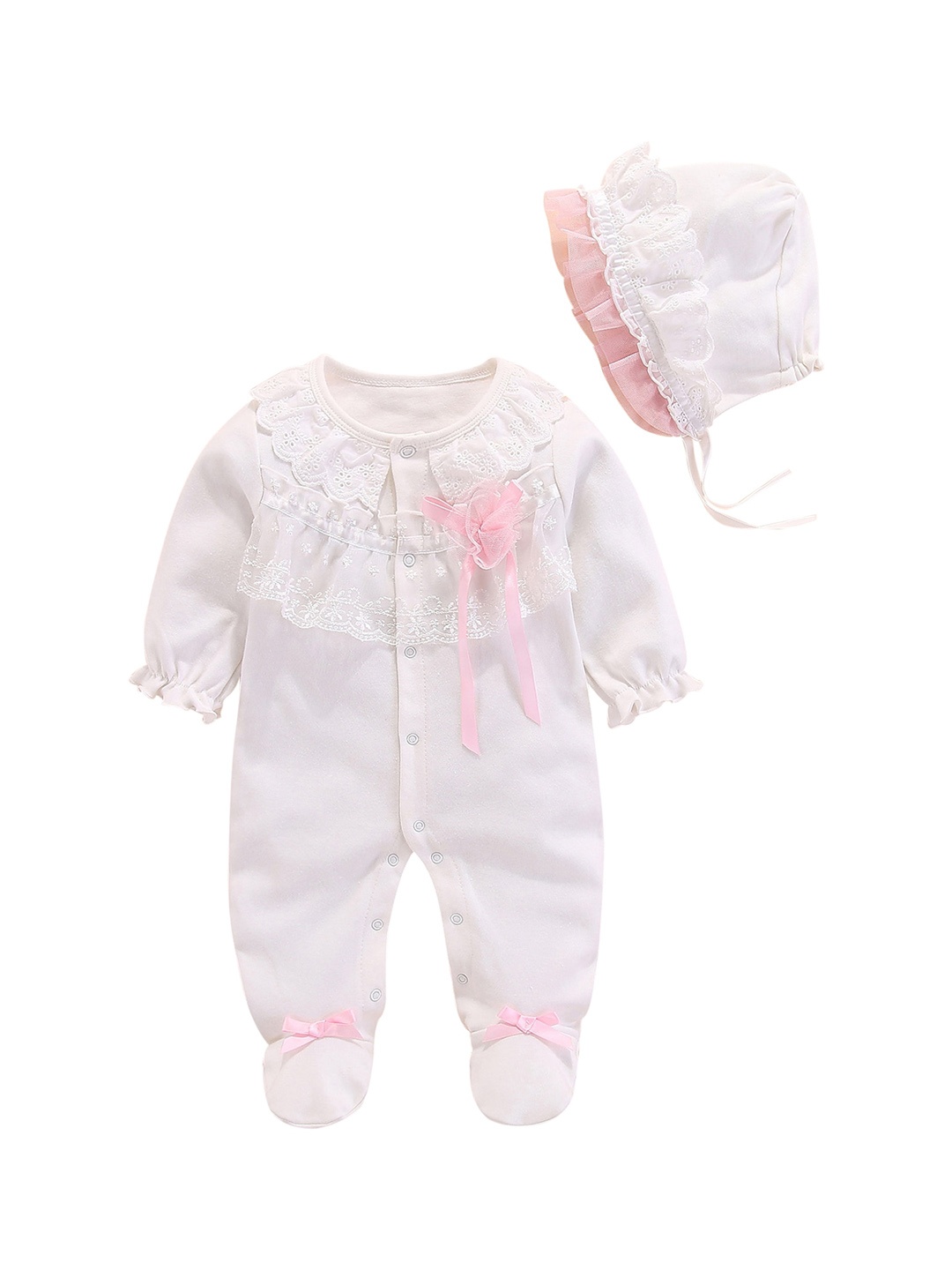 

StyleCast White Infant Girls Self-Design Cotton Rompers With Cap