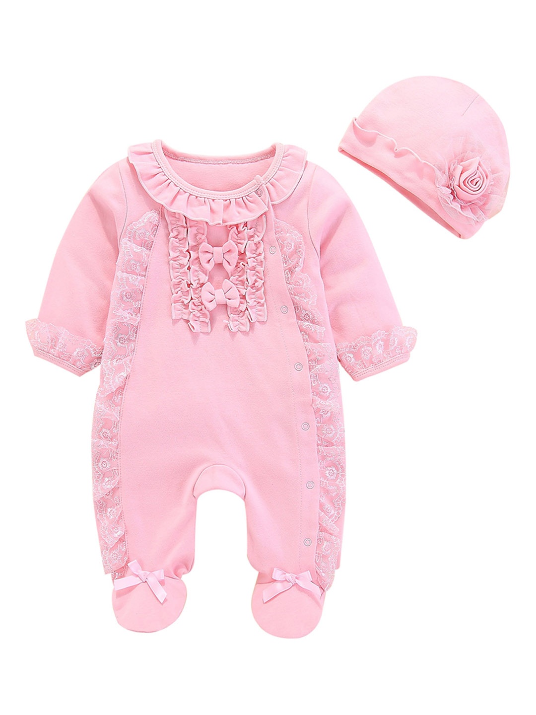 

StyleCast Pink Girls Self-Design Cotton Rompers With Cap