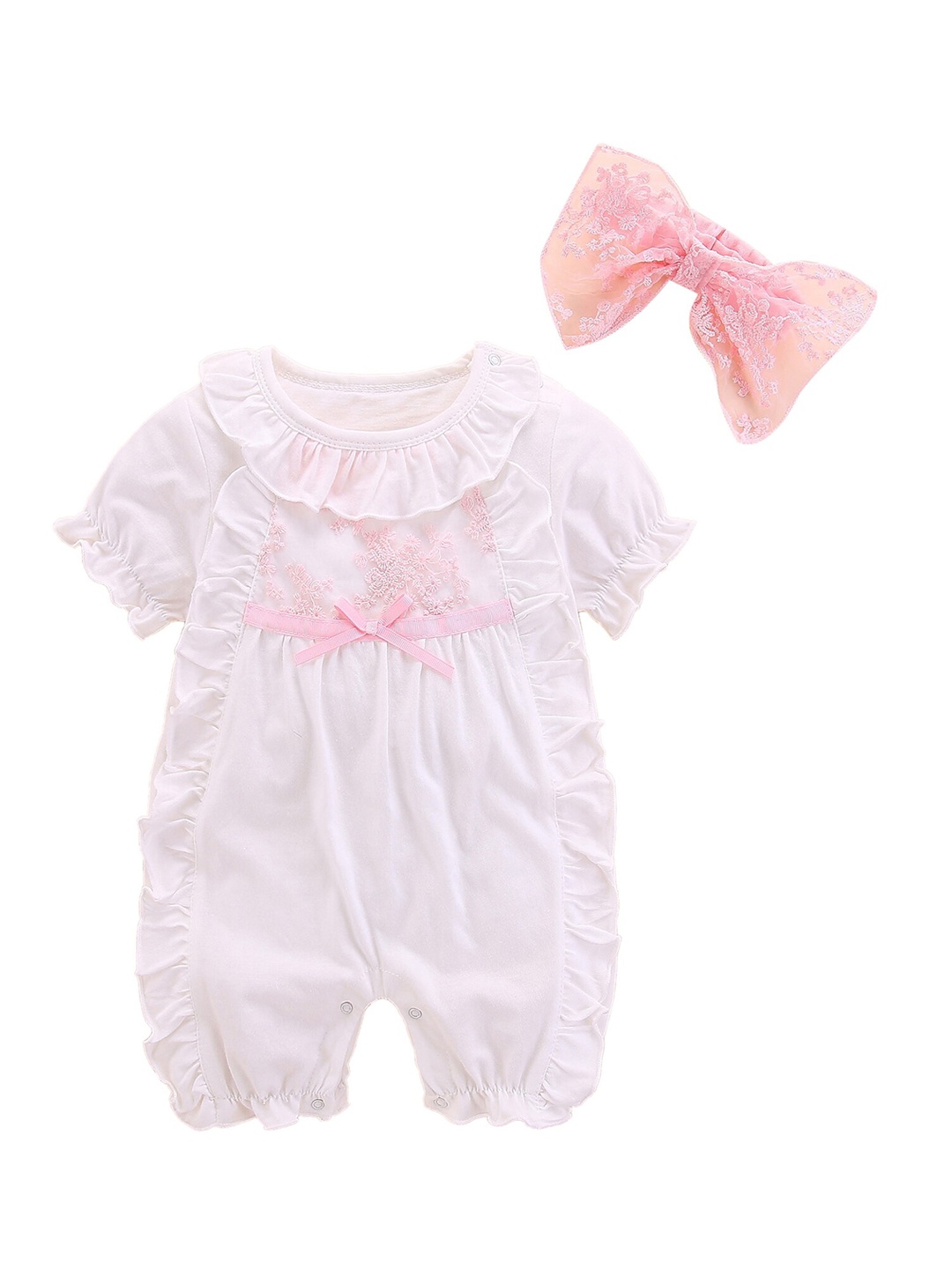 

StyleCast Infant Girls Self Design Ruffles Cotton Rompers With Headband, White