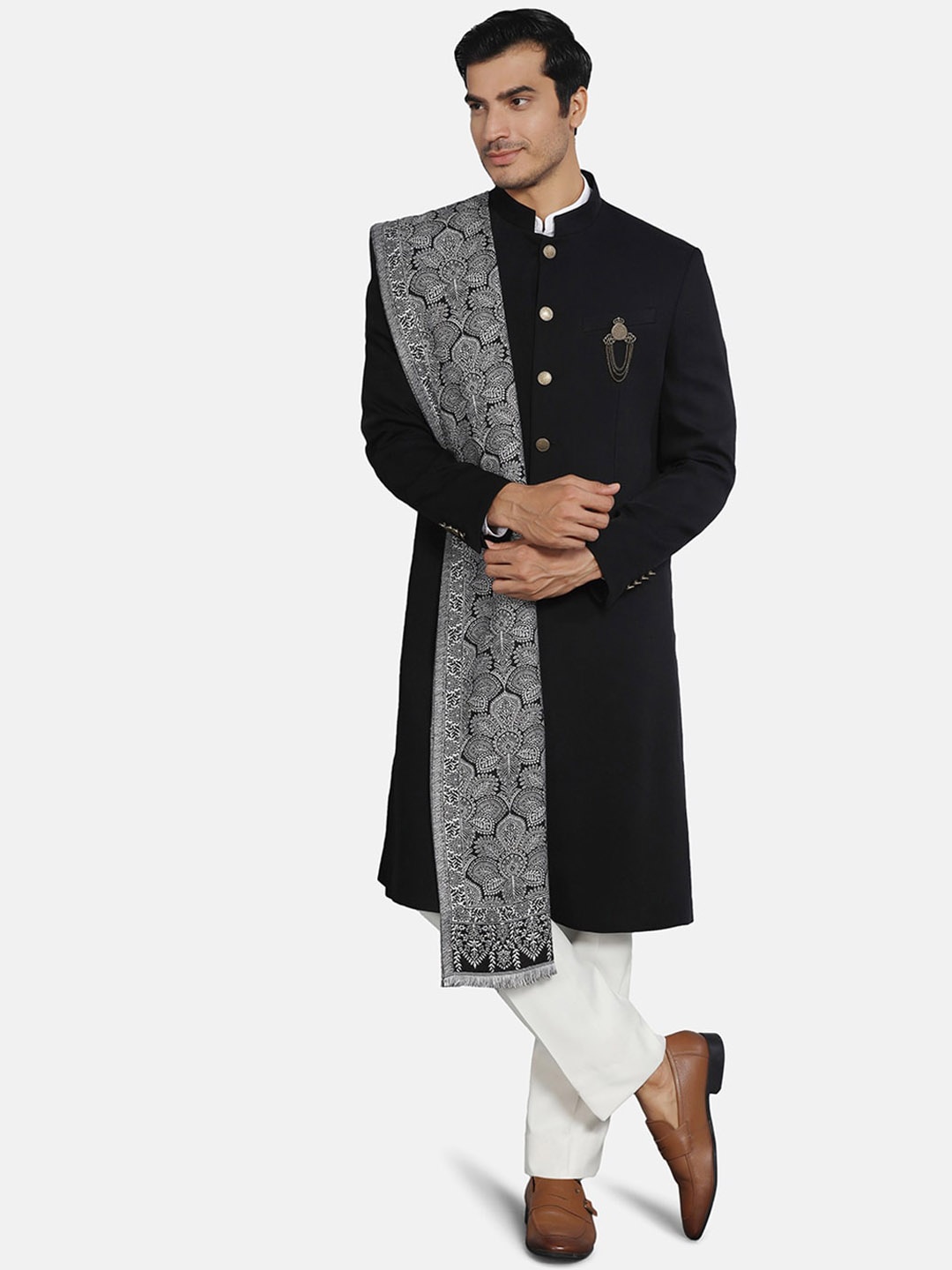 

Blackberrys Mandarin Collar Three Piece Sherwani Set, Black