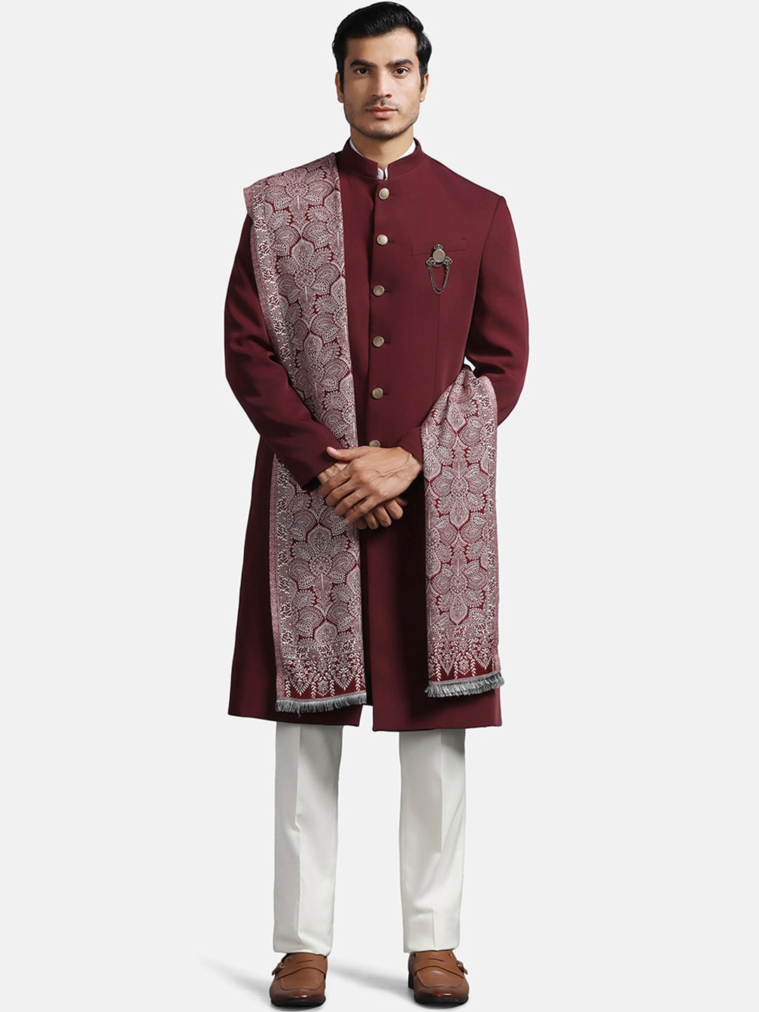 

Blackberrys Mandarin Collar Sherwani & Trousers With Printed Dupatta, Maroon