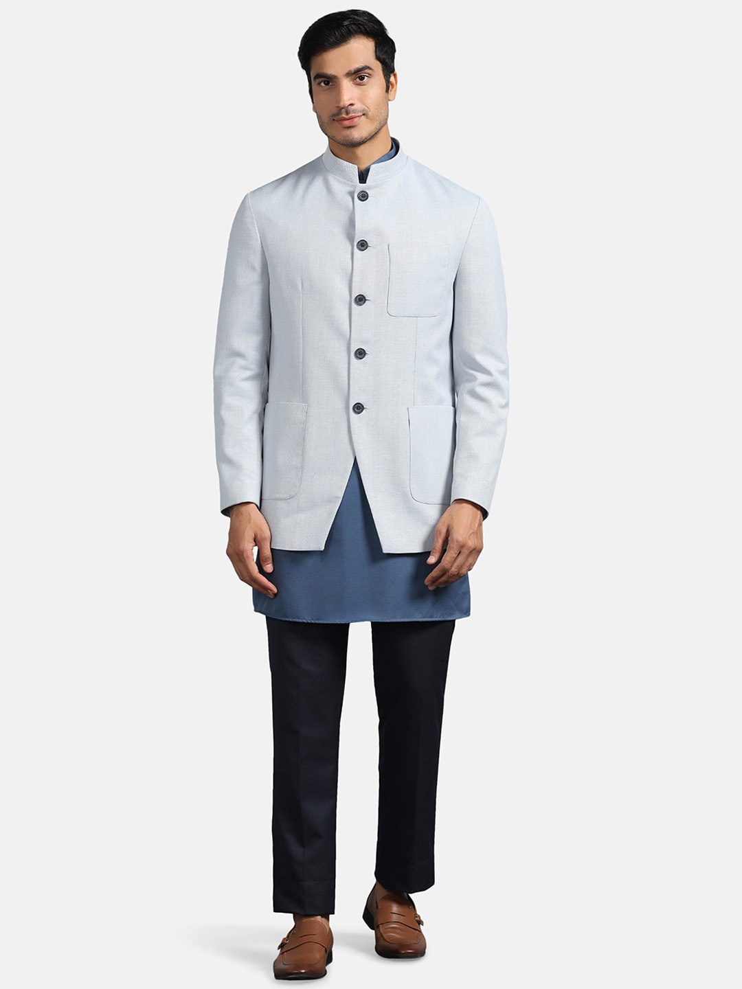 

Blackberrys Mandarin Collar Sherwani With Trousers With Waistcoat, Blue