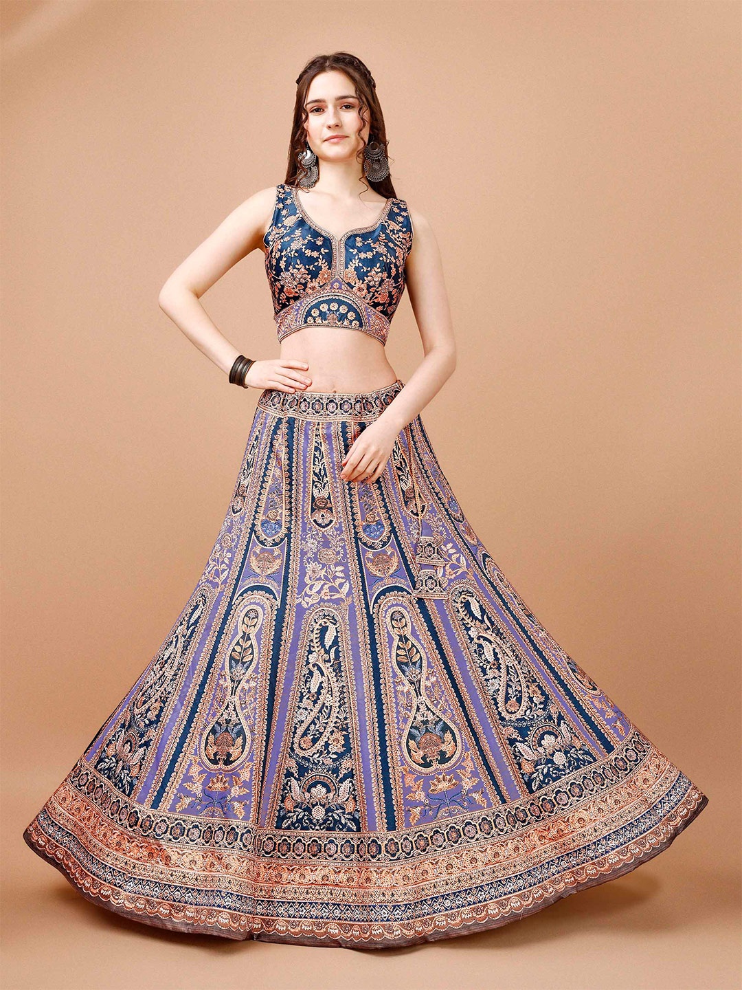 

SAPTRANGI Floral Embroidered Beads And Stones Ready To Wear Lehenga & Blouse With Dupatta, Lavender