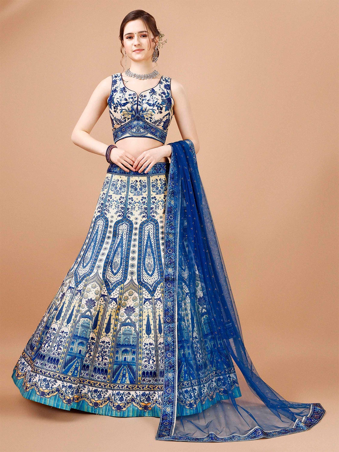 

SAPTRANGI Floral Embroidered Ready To Wear Lehenga & Blouse With Dupatta, Blue