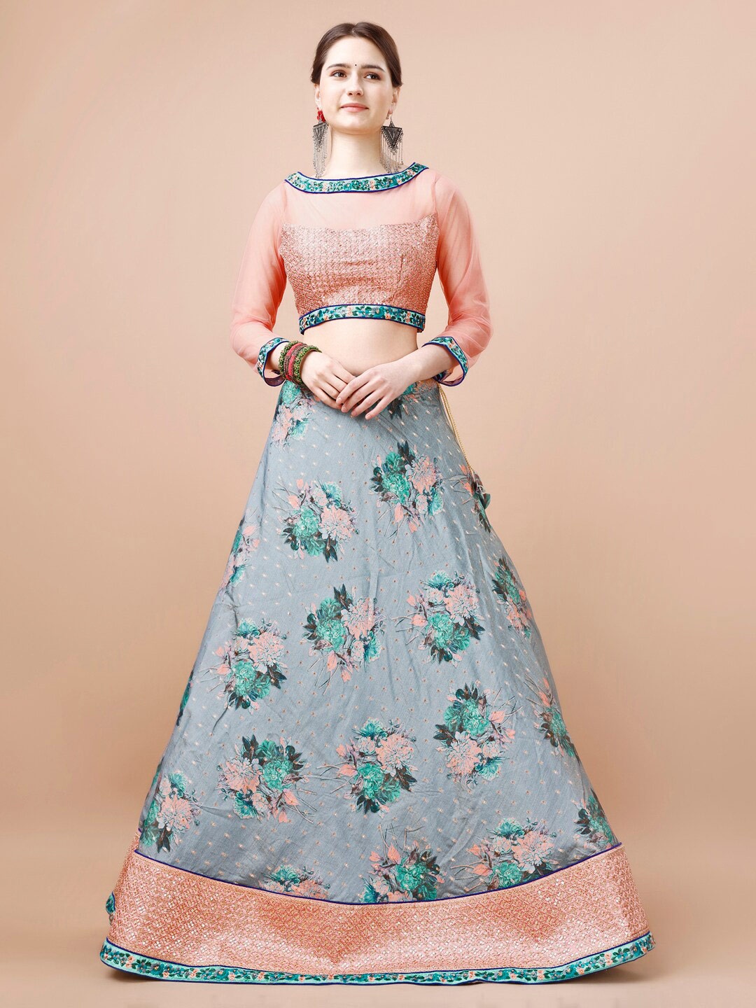 

SAPTRANGI Floral Printed Sequined Ready to Wear Lehenga & Blouse With Dupatta, Grey