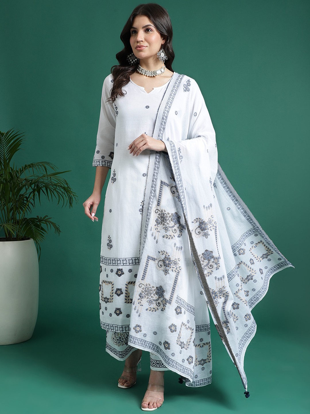

Sangria Woven Designed Straight Kurta With Palazzo & Dupatta, White