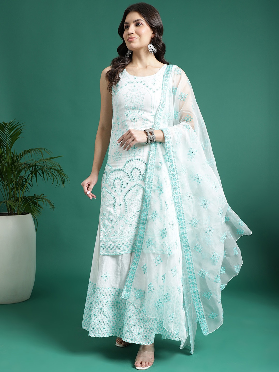 

Sangria Embroidered Pure Cotton Straight Kurta With Sharara & Dupatta, White