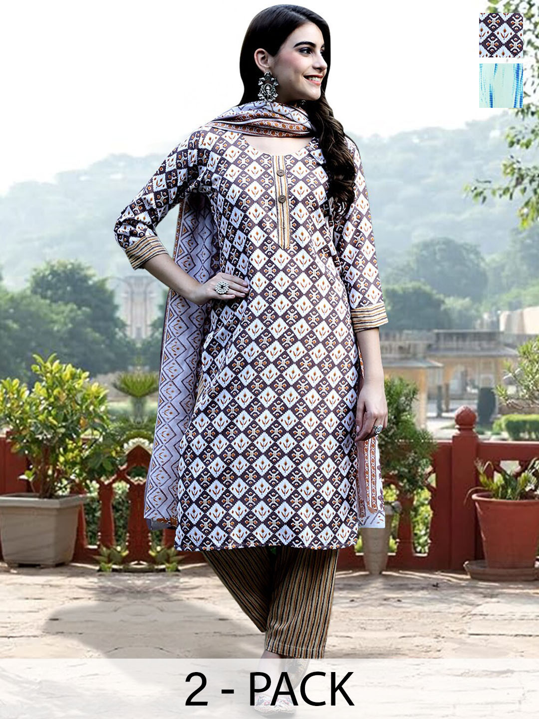 

7Threads Selection Of 2 Geometric Printed Pure Cotton Straight Kurta With Trouser & Dupatta, White