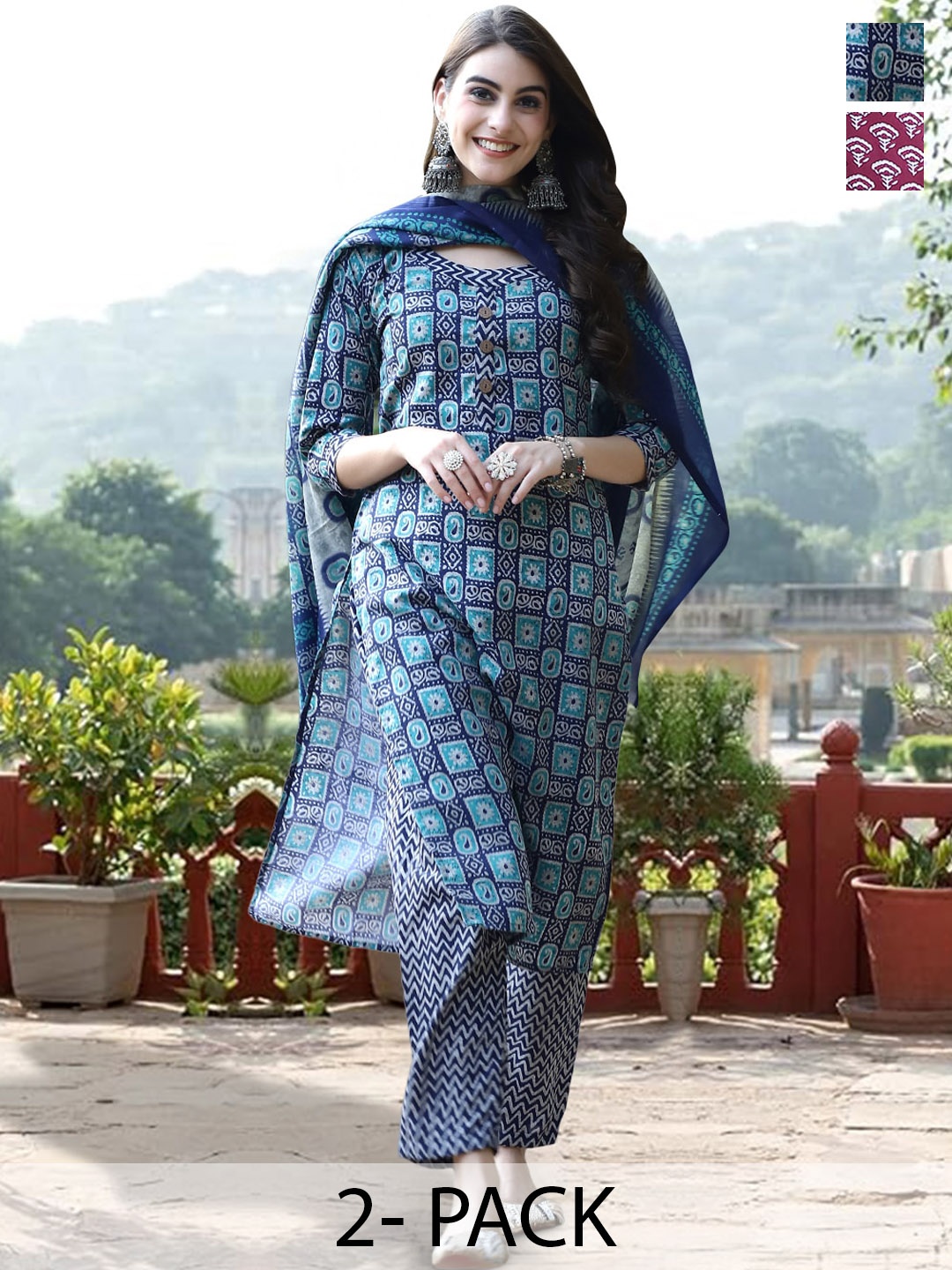 

7Threads Selection Of 2 Ethnic Motifs Printed Pure Cotton Kurta with Trousers & With Dupatta, Blue