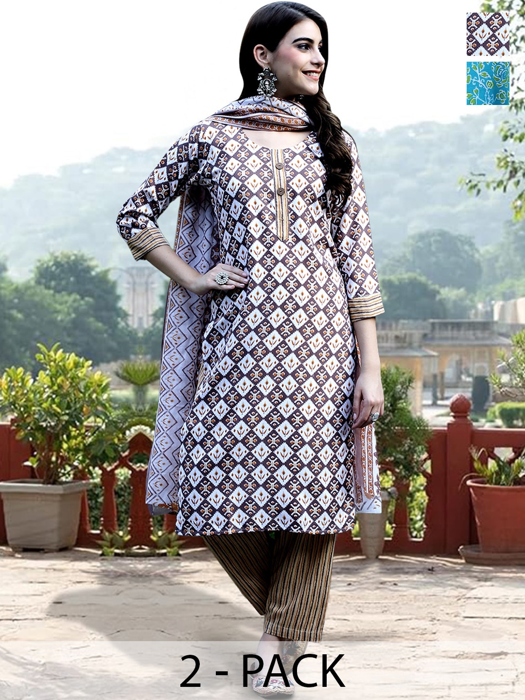 

7Threads Selection Of 2 Ethnic Motifs Printed Pure Cotton Kurta with Trousers & Dupatta, White
