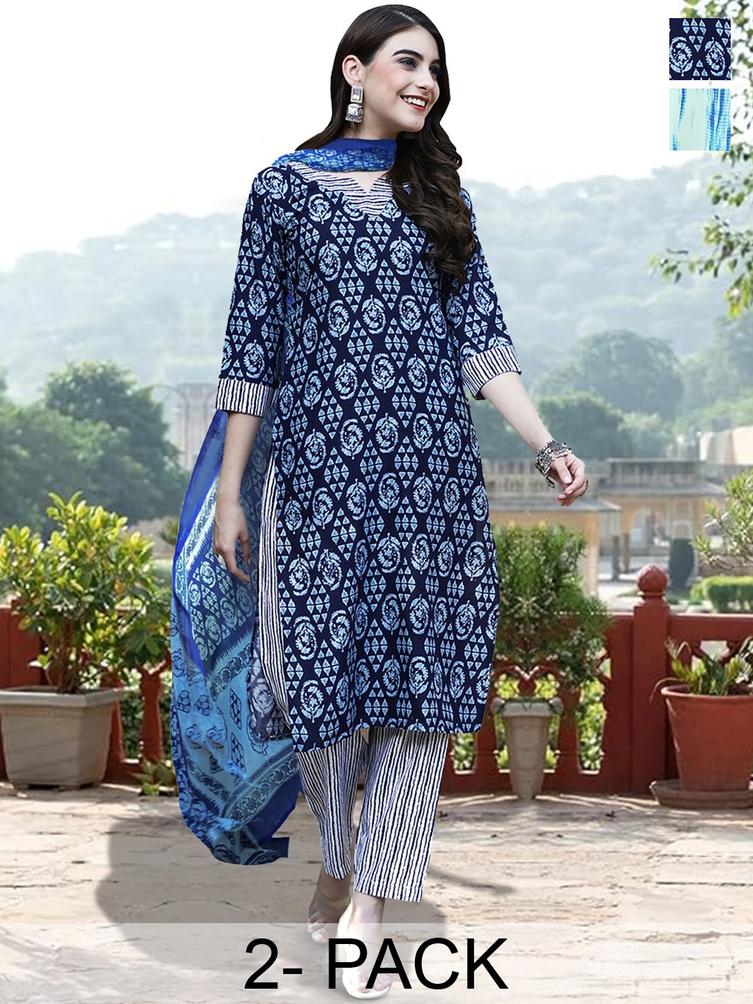 

7Threads Selection Of 2 Ethnic Motifs Printed Pure Cotton Kurta with Trousers & With Dupatta, Blue