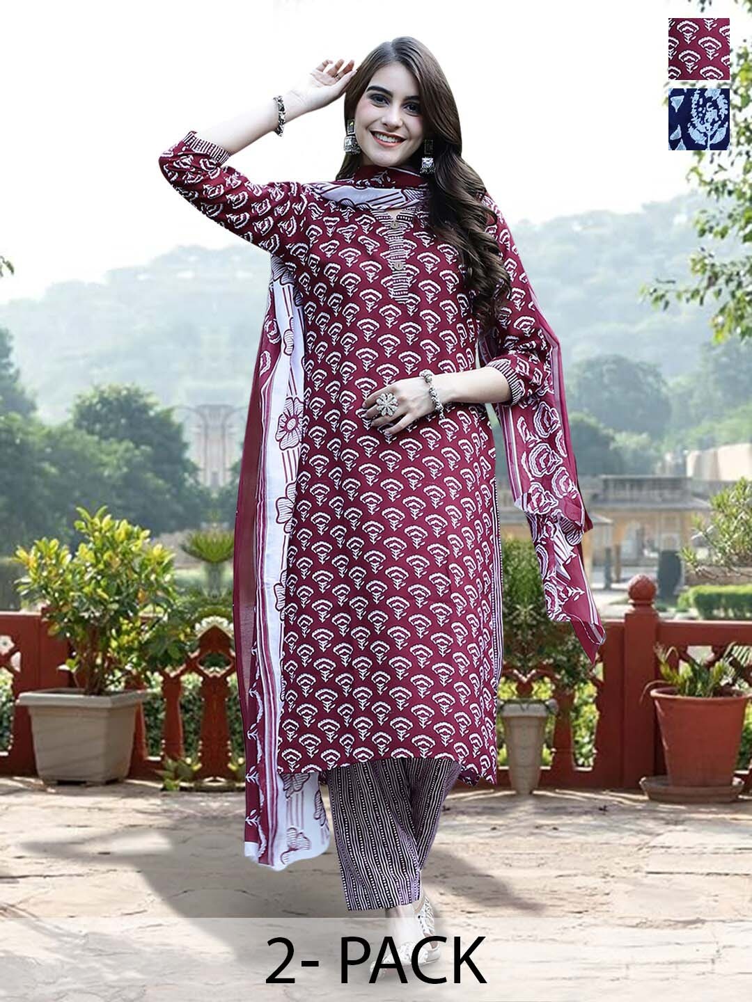 

7Threads Selection Of 2 Printed Pure Cotton Kurta With Trouser & Dupatta, Maroon